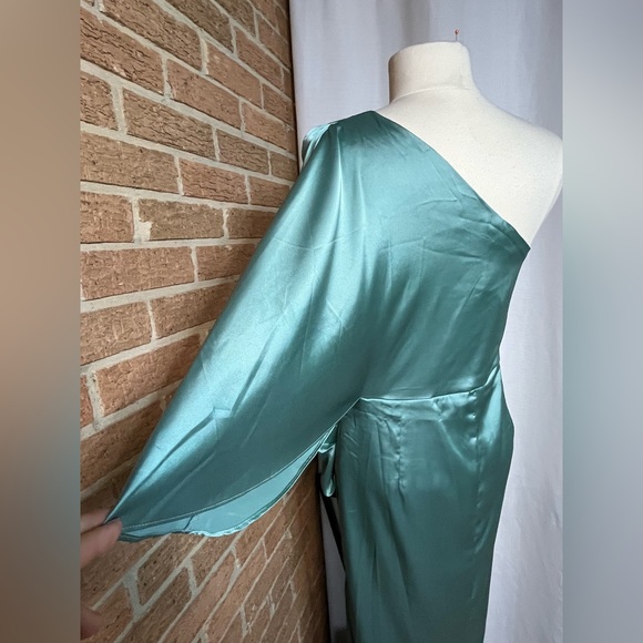 Anrabess NWT Satin Mint green One Shoulder  Bodycon Midi cocktail dress-L - Picture 8 of 12